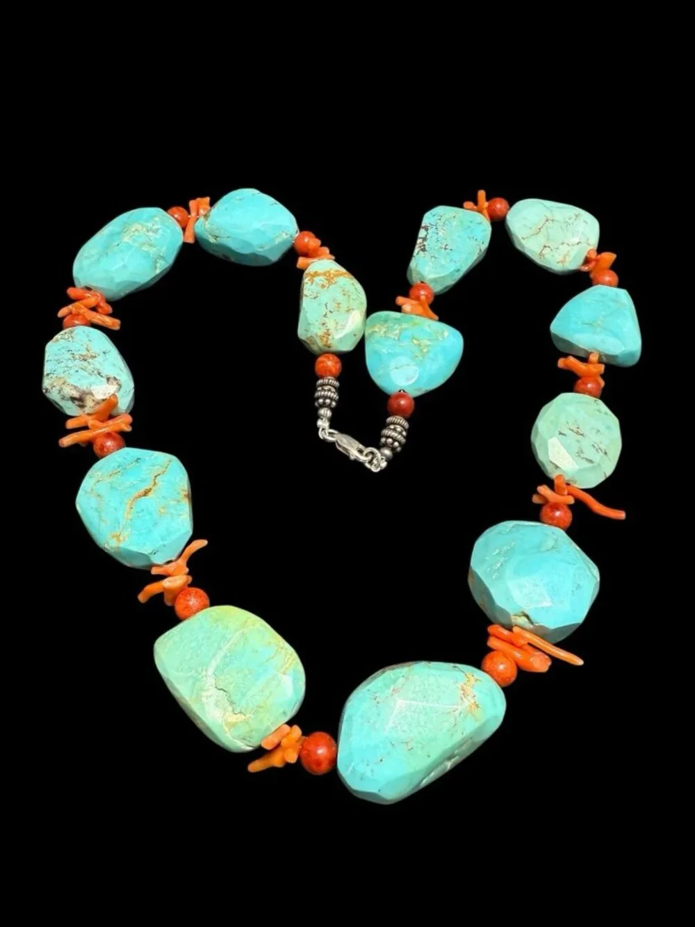Vintage Turquoise Coral Bead Necklace Sterling Silver Clasp Statement